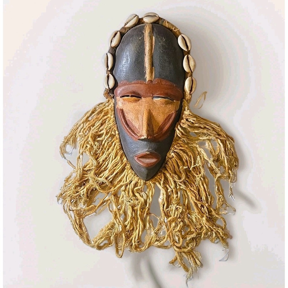 African Dan Dance Mask Cowrie Shells Fiber Beard Ivory Coast Folk Art